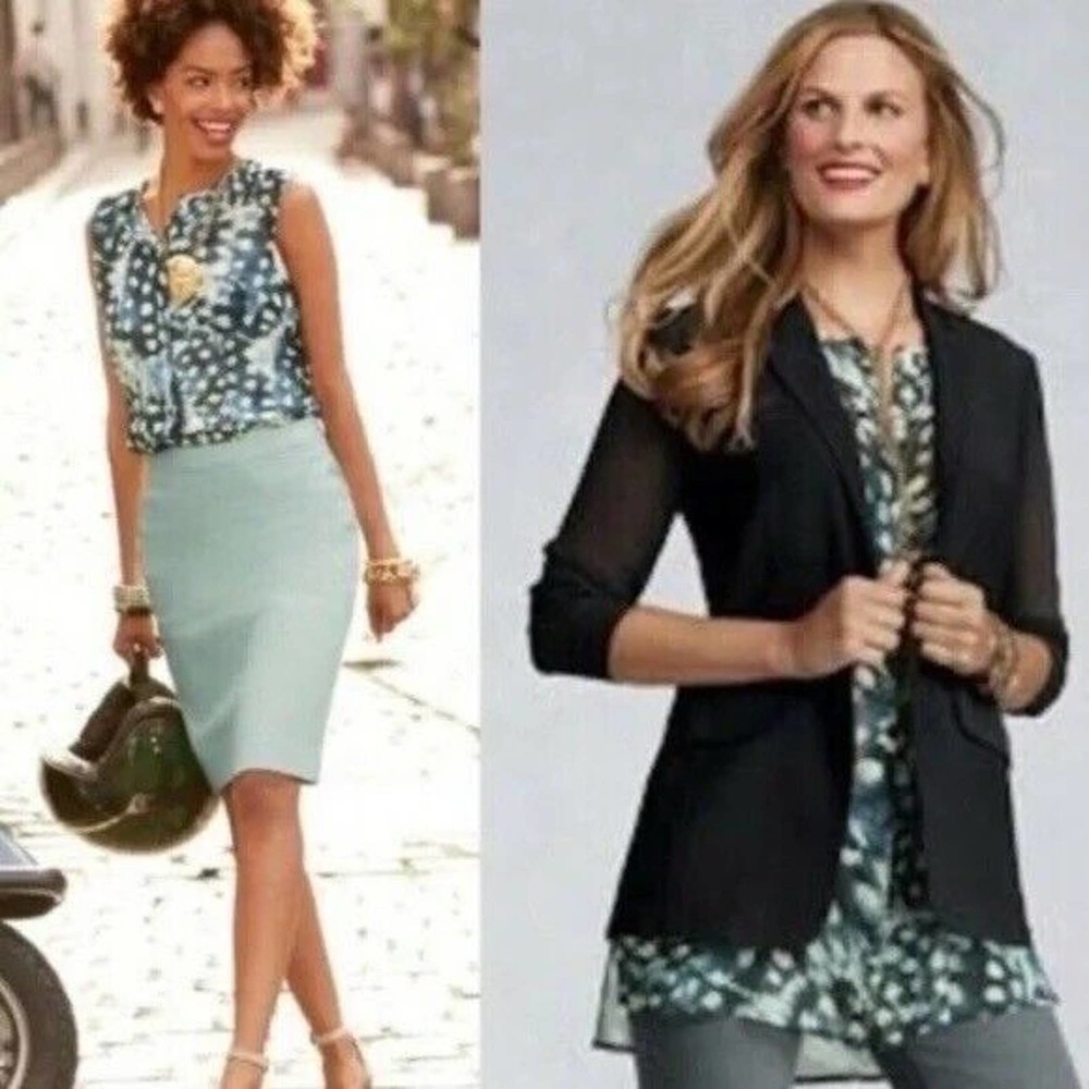 cAbi  Avery Tunic Top Women's S Small Multicolor Sheer Pocket Button Up Slit